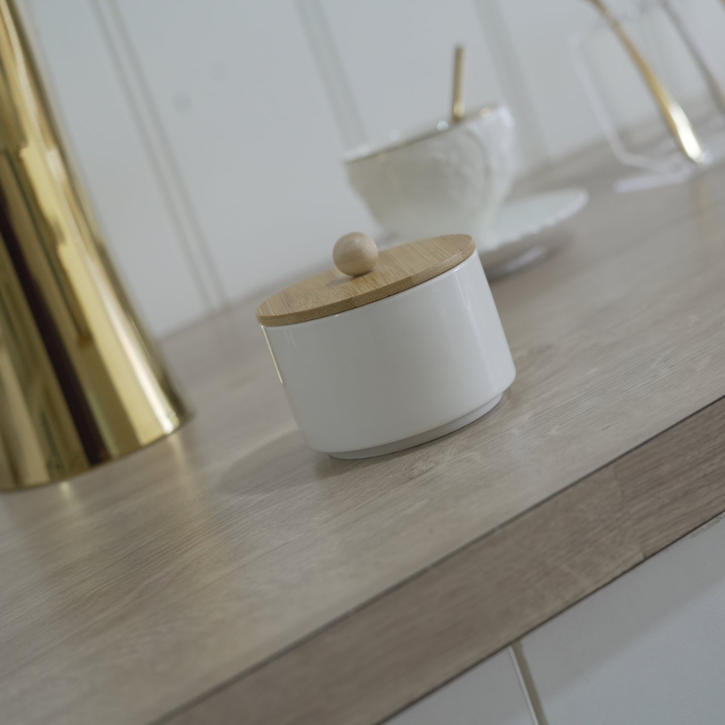 Small White Ceramic Jar with Wooden Lid – 200 ml Multipurpose Storage Container