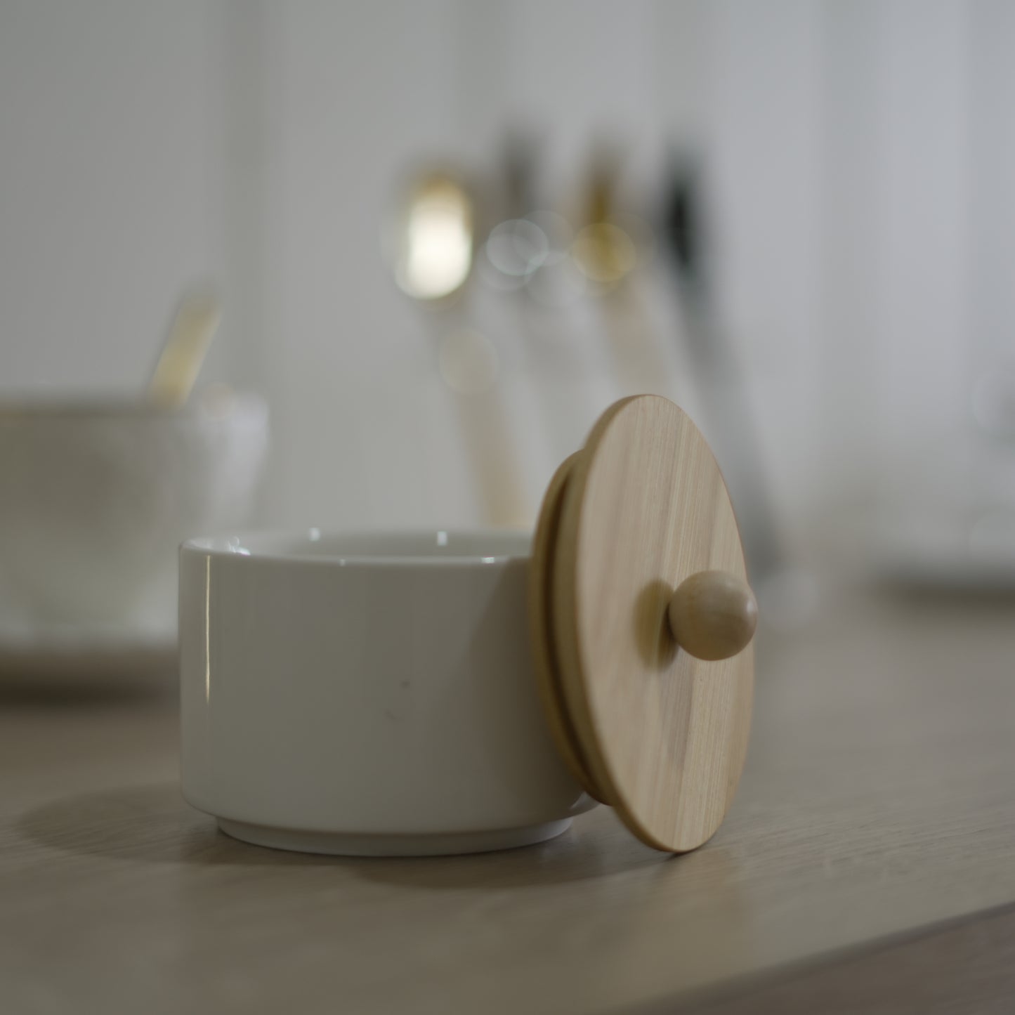 Small White Ceramic Jar with Wooden Lid – 200 ml Multipurpose Storage Container