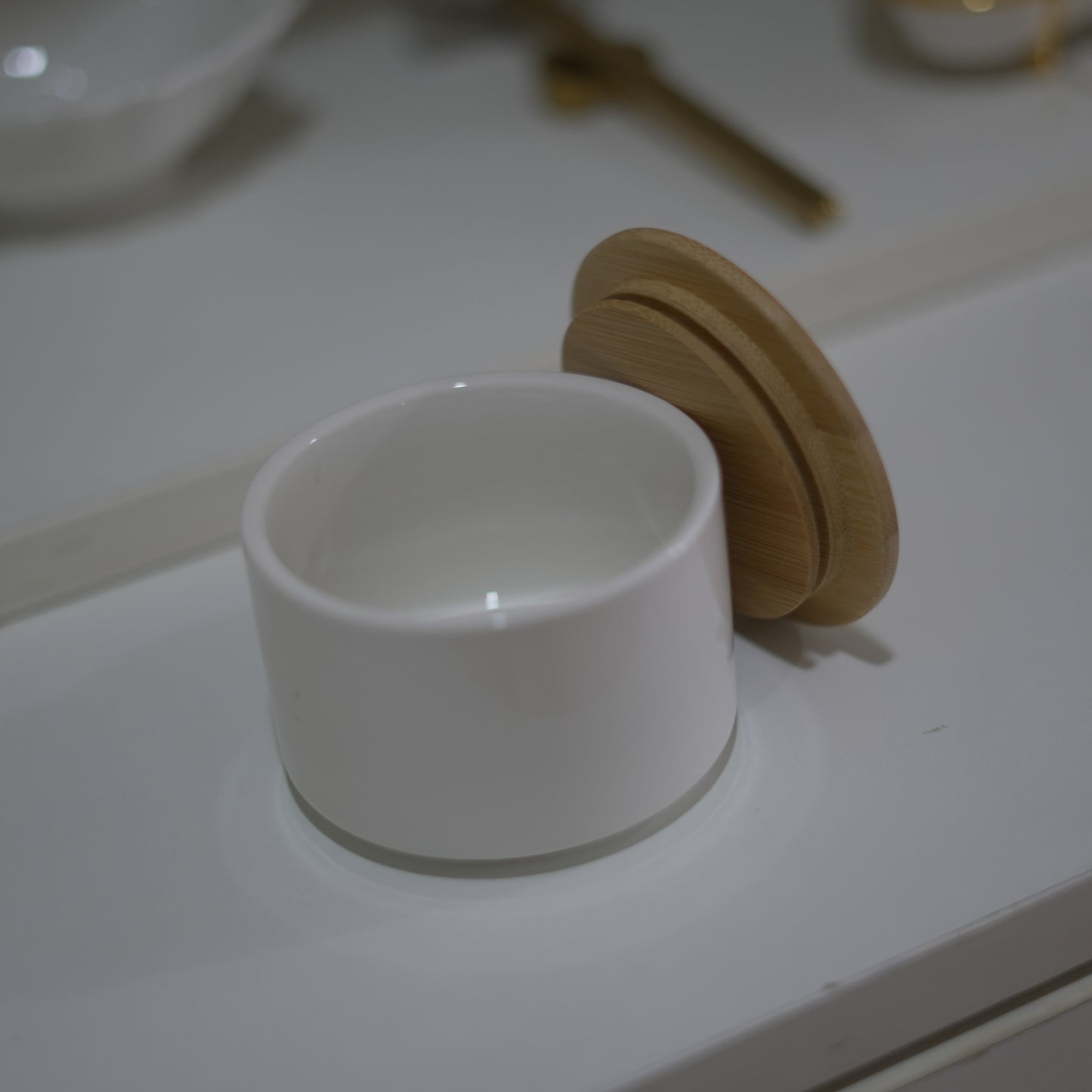 Small White Ceramic Jar with Wooden Lid – 200 ml Multipurpose Storage Container