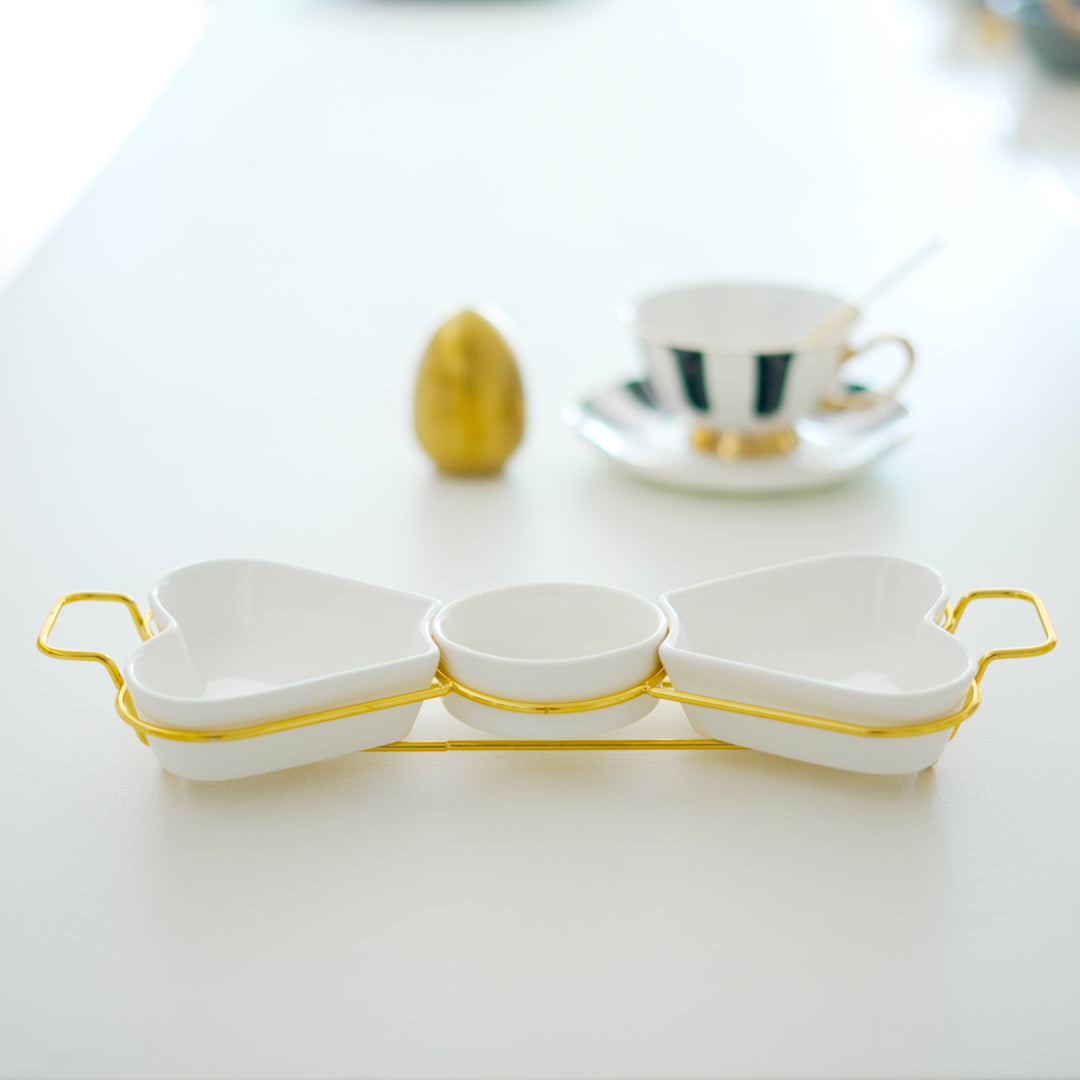 Gold Snack Tray with Heart Bowls – 4 Pcs Gift Set