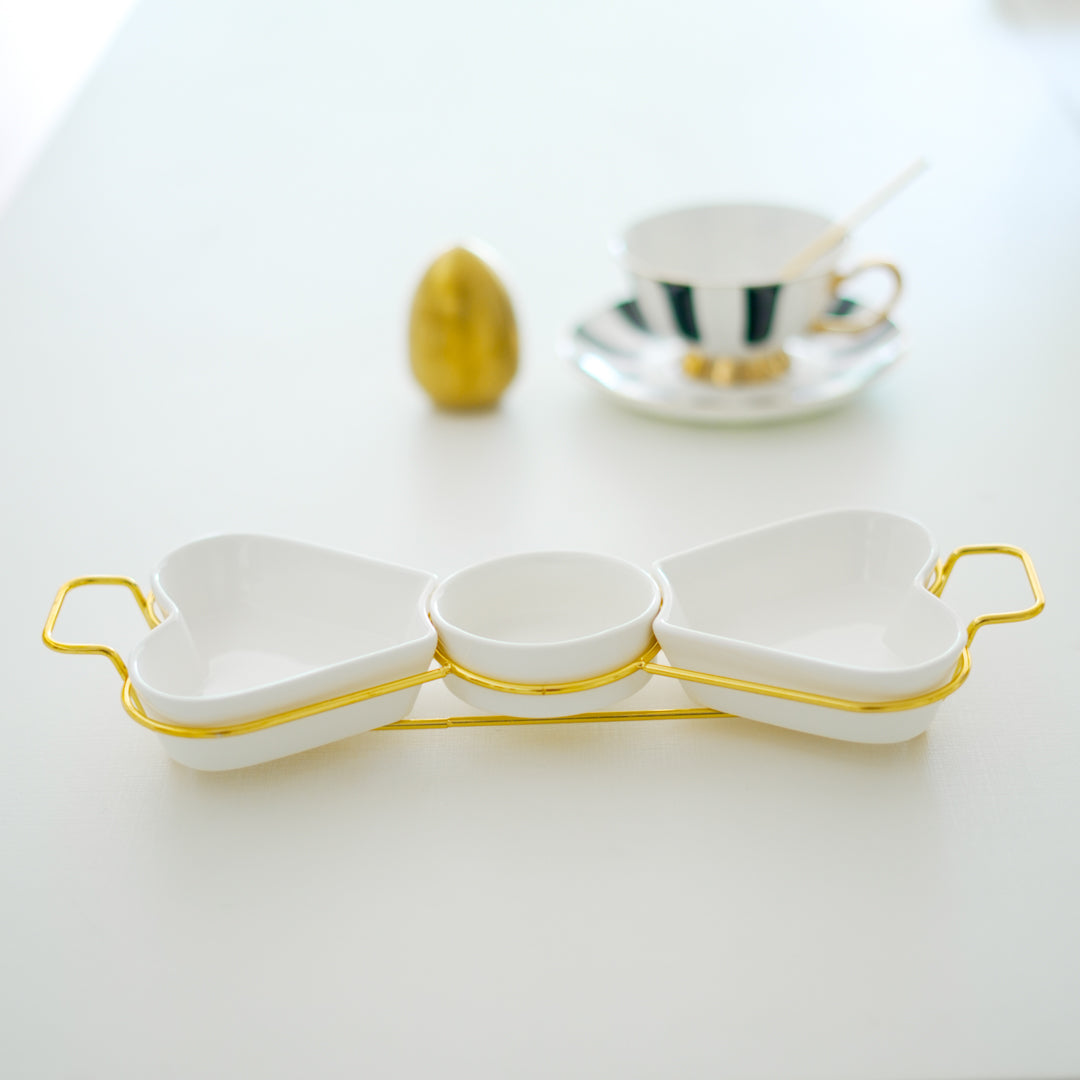 Gold Snack Tray with Heart Bowls – 4 Pcs Gift Set