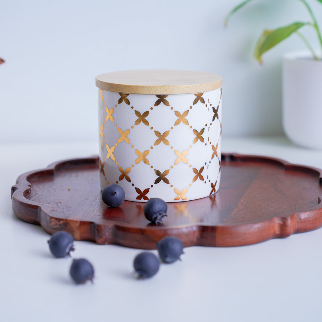 White & Gold Cookie Jar with Wooden Lid | Porcelain | 400 ml