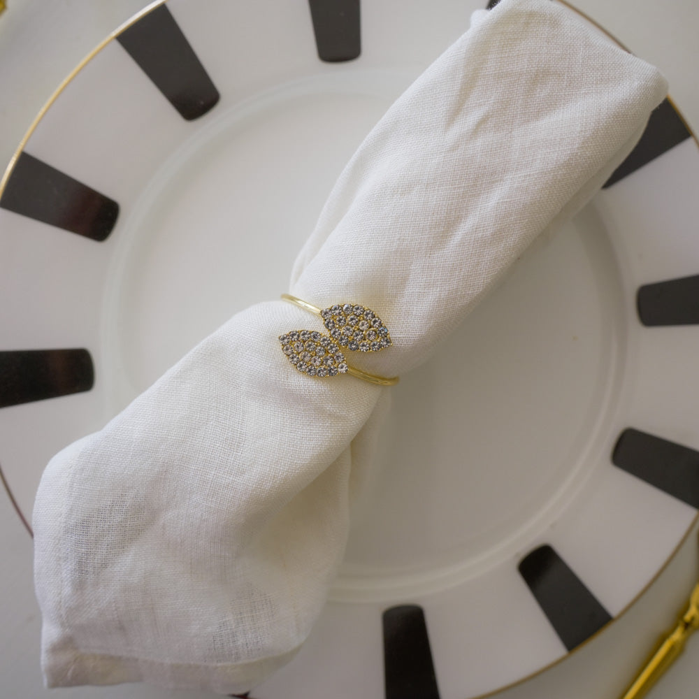 Metal Napkin Rings - Sleek Gold leaf with Stonework – (Set of 4/6/8) Elegant & Classy Design, Perfect for Gifting