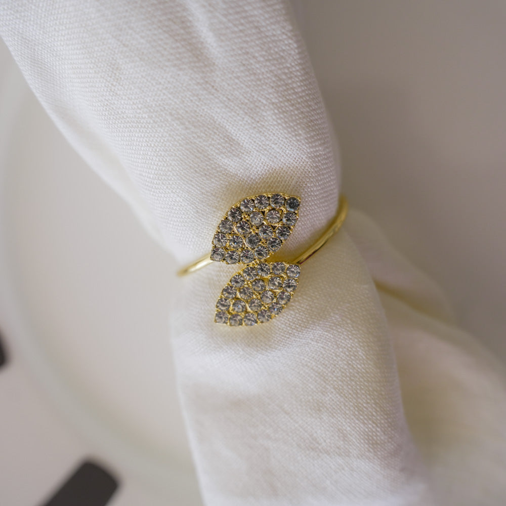 Metal Napkin Rings - Sleek Gold leaf with Stonework – (Set of 4/6/8) Elegant & Classy Design, Perfect for Gifting