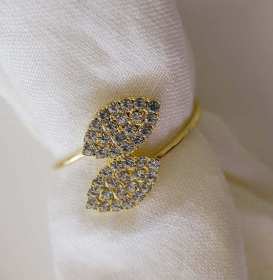 Metal Napkin Rings - Sleek Gold leaf with Stonework – (Set of 4/6/8) Elegant & Classy Design, Perfect for Gifting