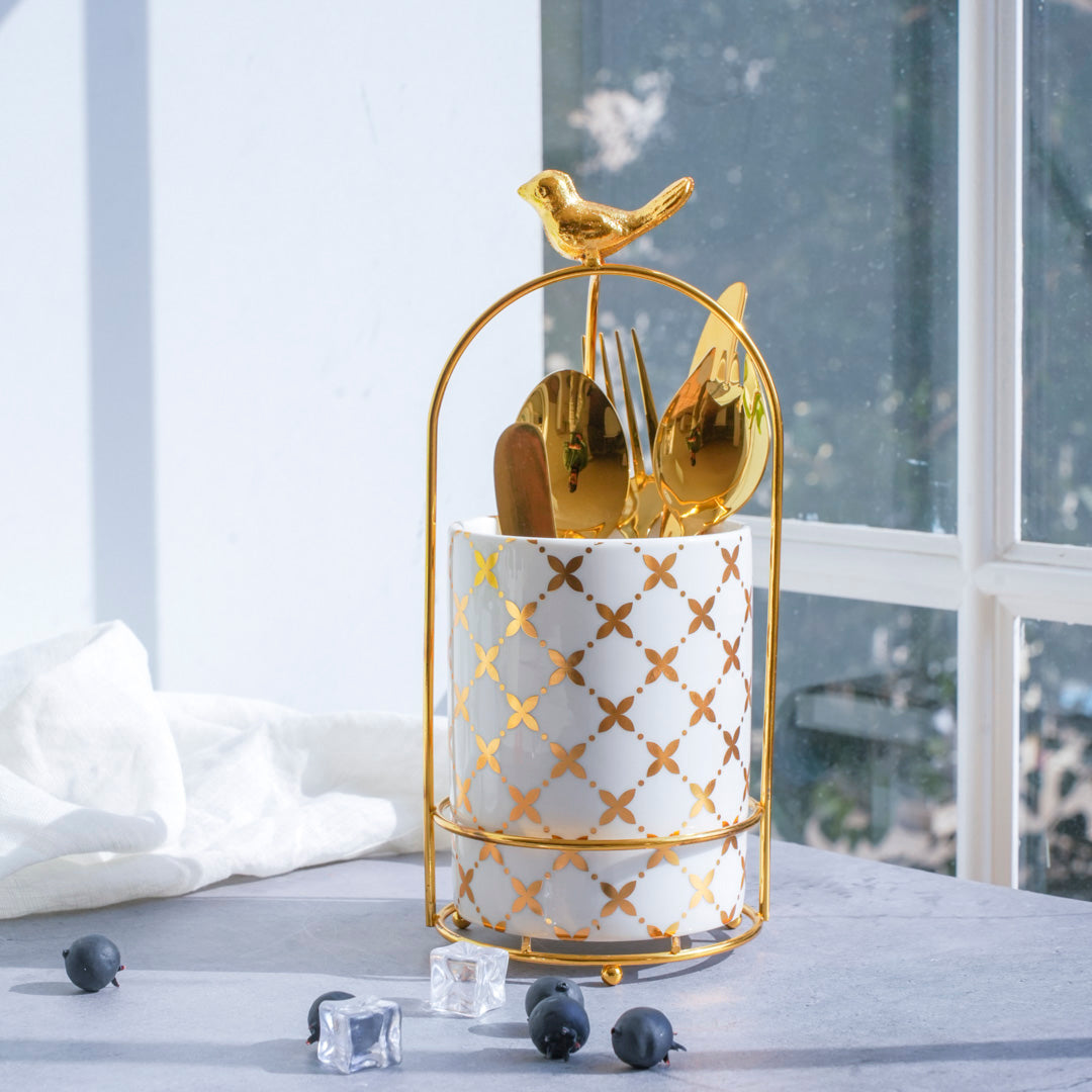 Cutlery Stand - Large size - White & Gold - Multipurpose Dining and Home Decor Organizer
