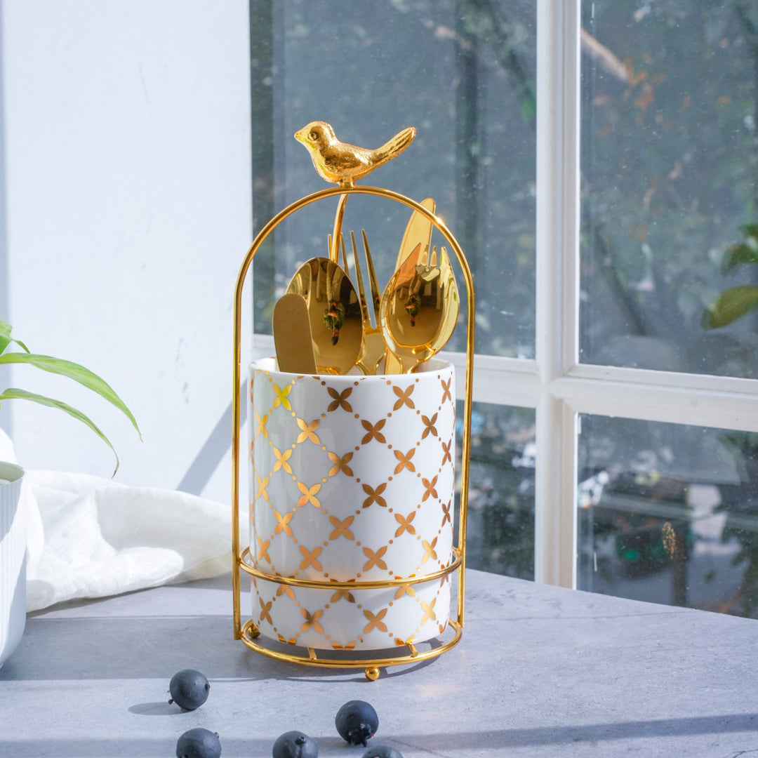 Cutlery Stand - Large size - White & Gold - Multipurpose Dining and Home Decor Organizer