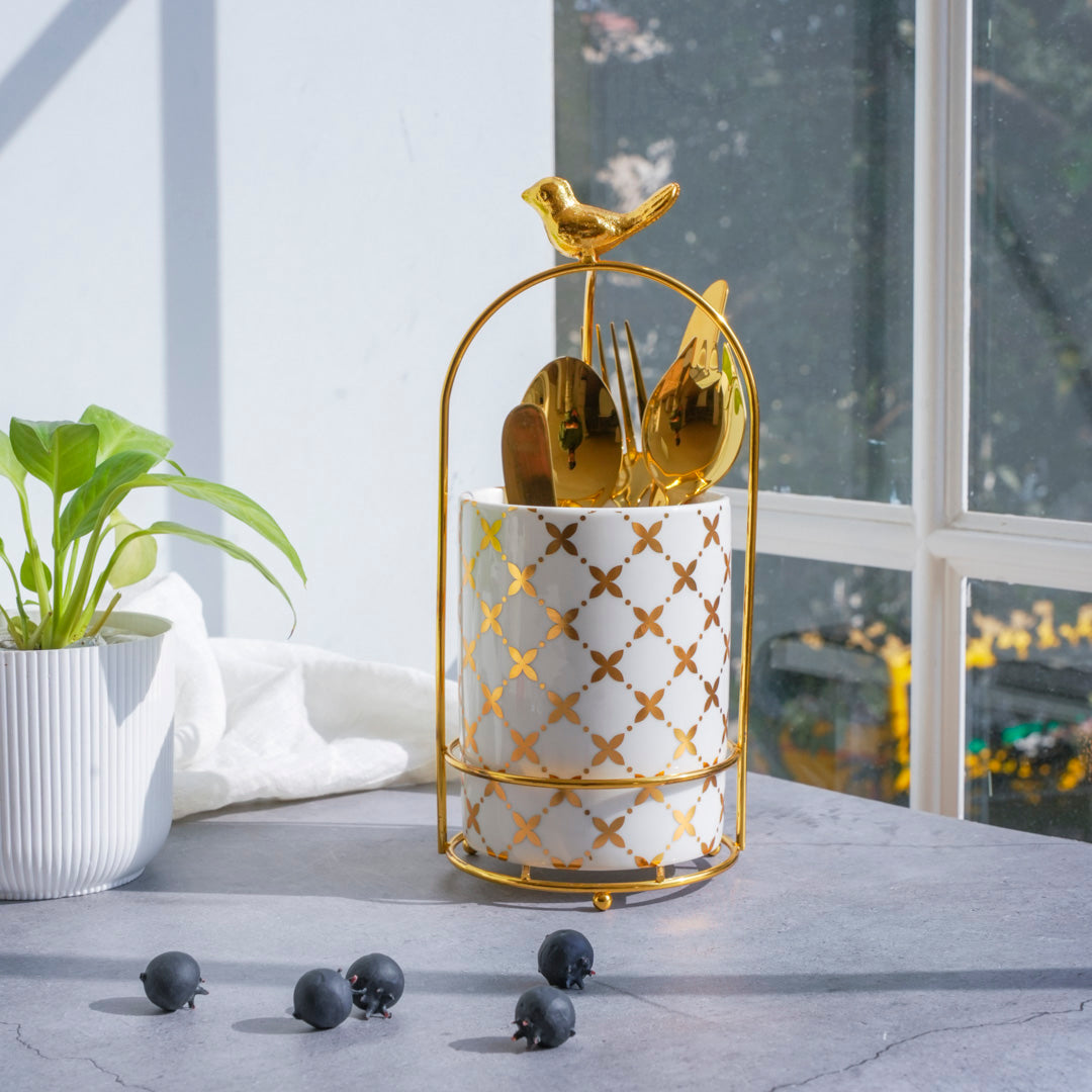Cutlery Stand - Large size - White & Gold - Multipurpose Dining and Home Decor Organizer