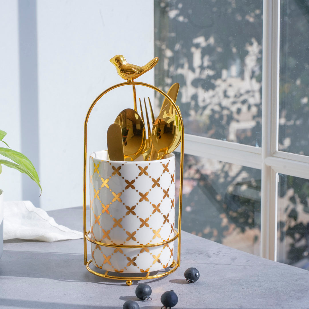 Cutlery Stand - Large size - White & Gold - Multipurpose Dining and Home Decor Organizer