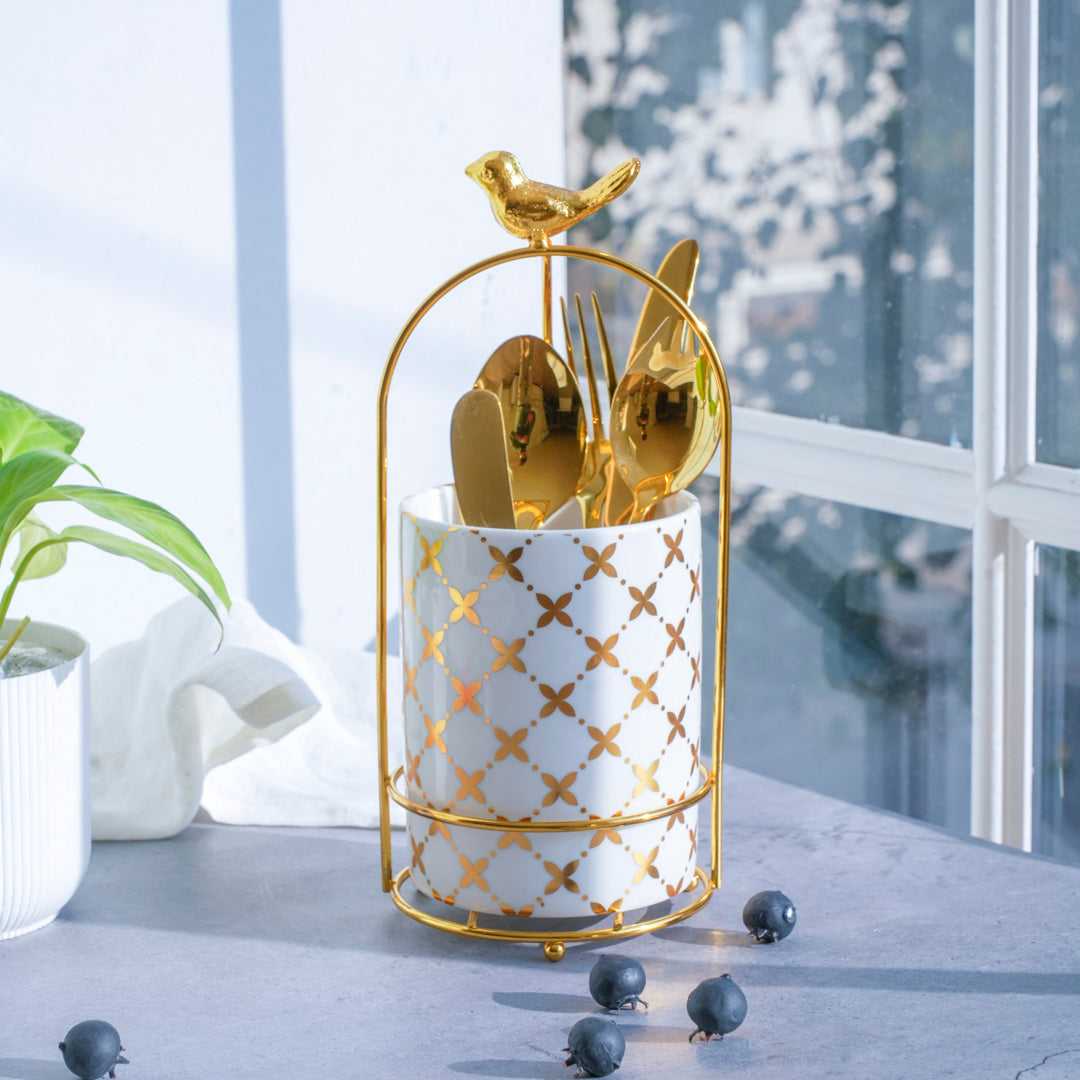 Cutlery Stand - Large size - White & Gold - Multipurpose Dining and Home Decor Organizer