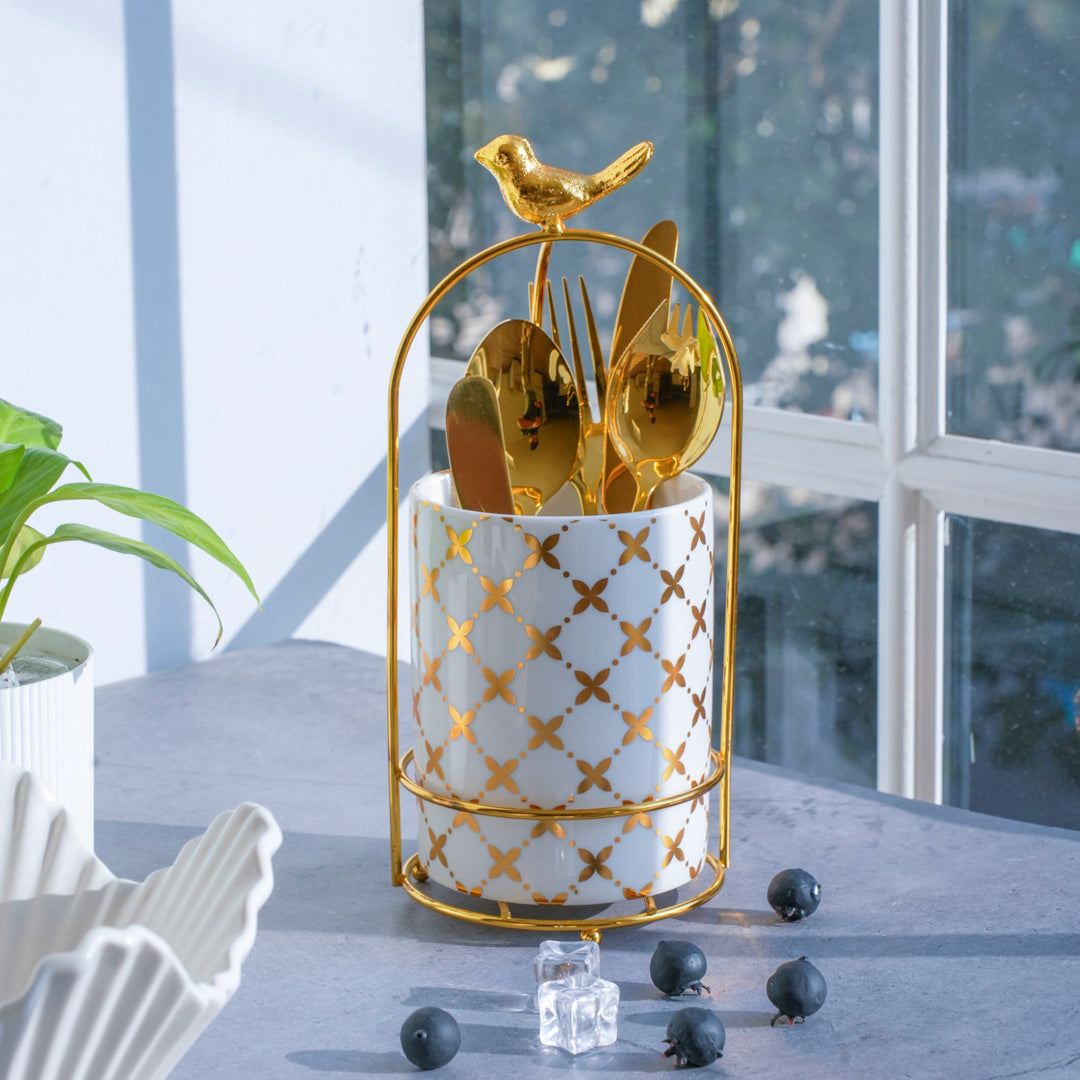 Cutlery Stand - Large size - White & Gold - Multipurpose Dining and Home Decor Organizer