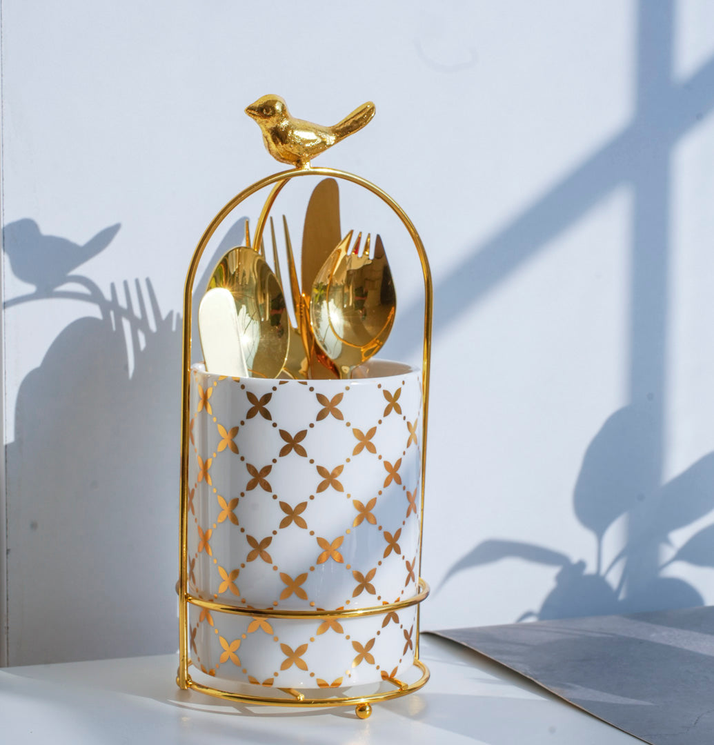 Cutlery Stand - Large size - White & Gold - Multipurpose Dining and Home Decor Organizer