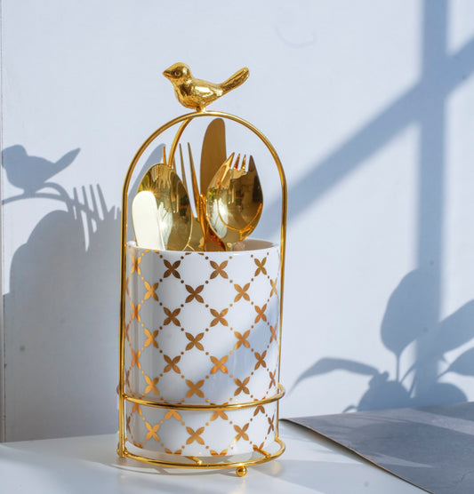 Cutlery Stand - Large size - White & Gold - Multipurpose Dining and Home Decor Organizer