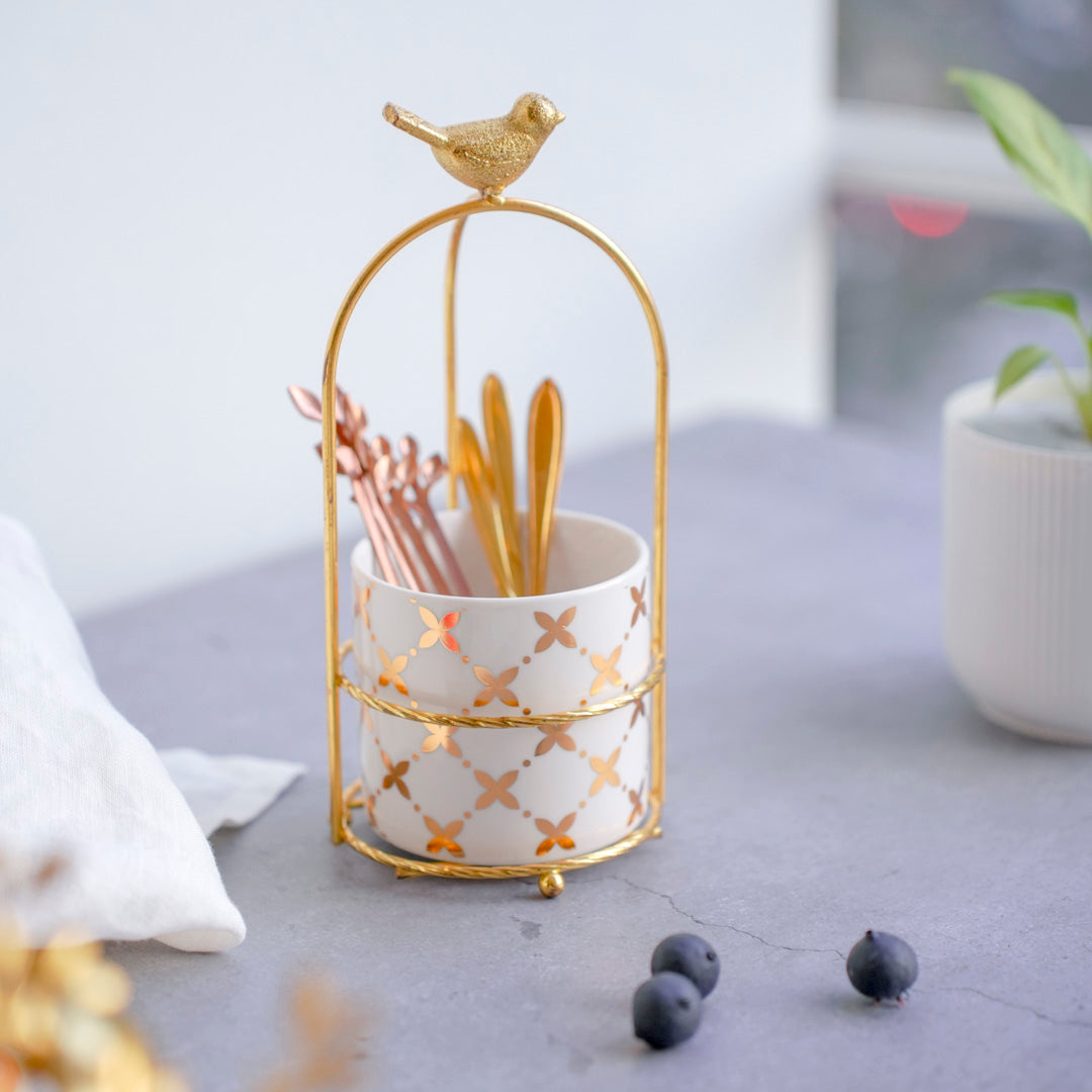 Cutlery Stand - White & Gold