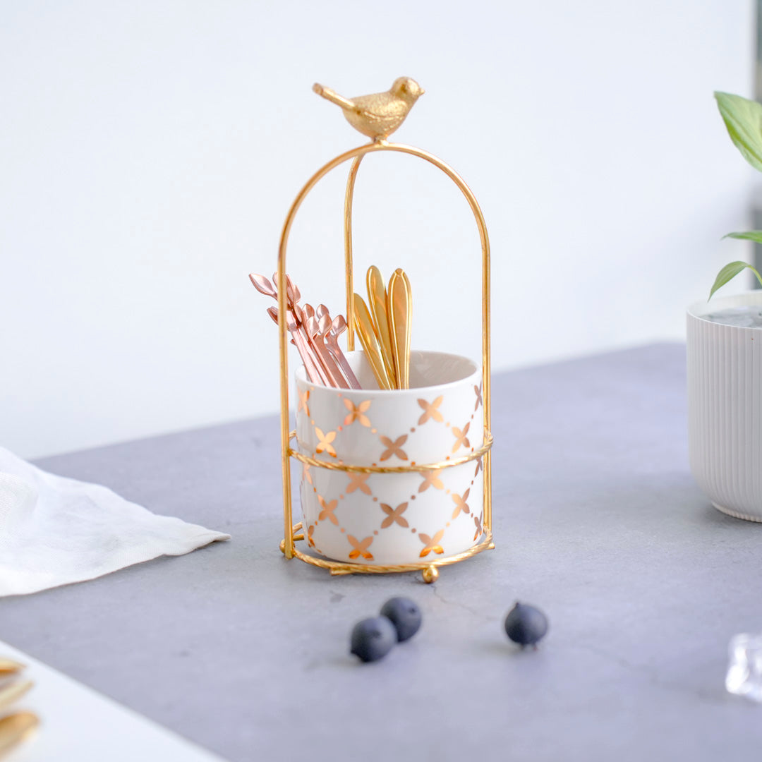 Cutlery Stand - White & Gold