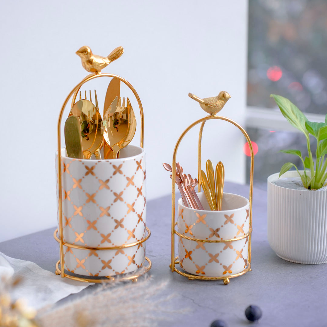 Cutlery Stand - Large size - White & Gold - Multipurpose Dining and Home Decor Organizer