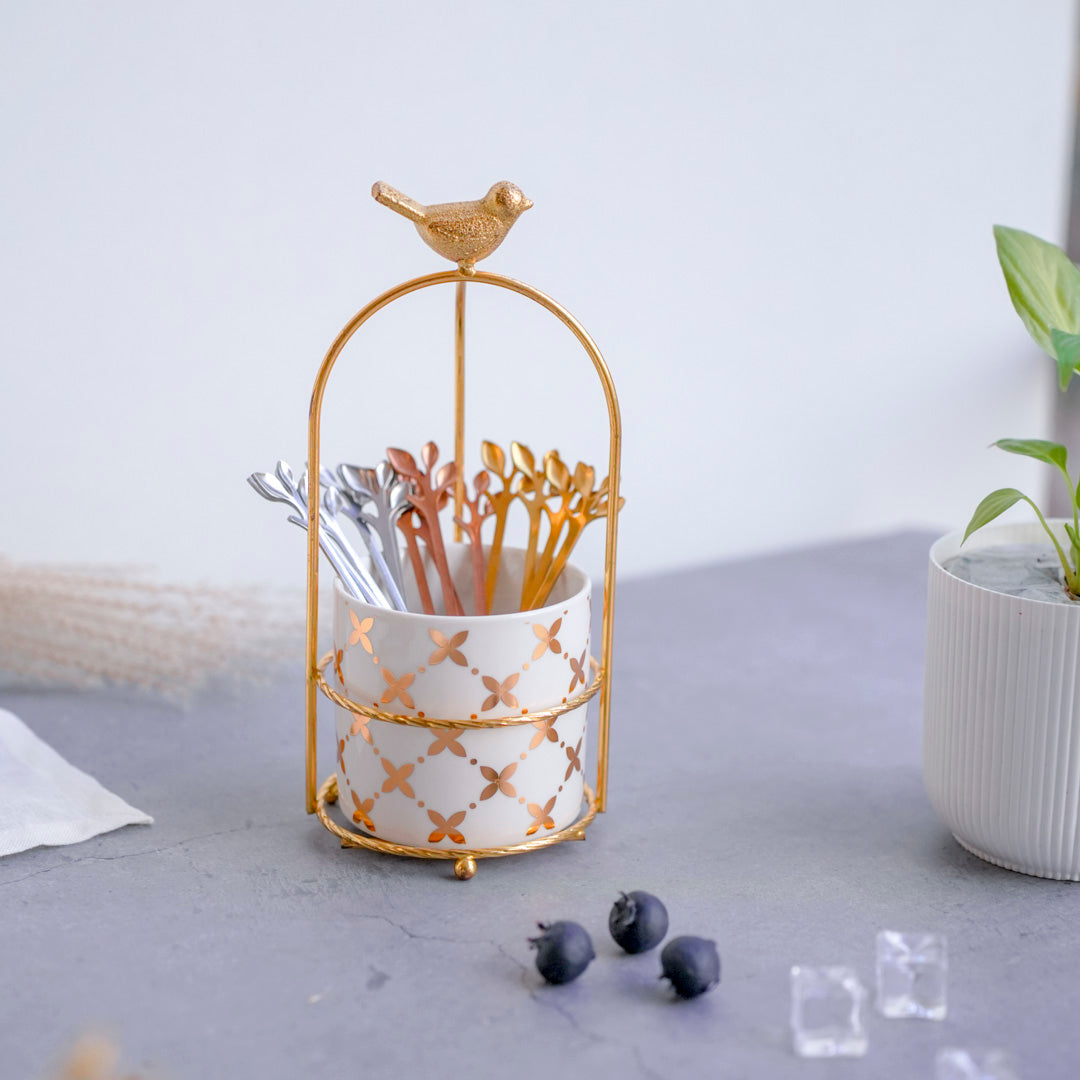 Cutlery Stand - White & Gold