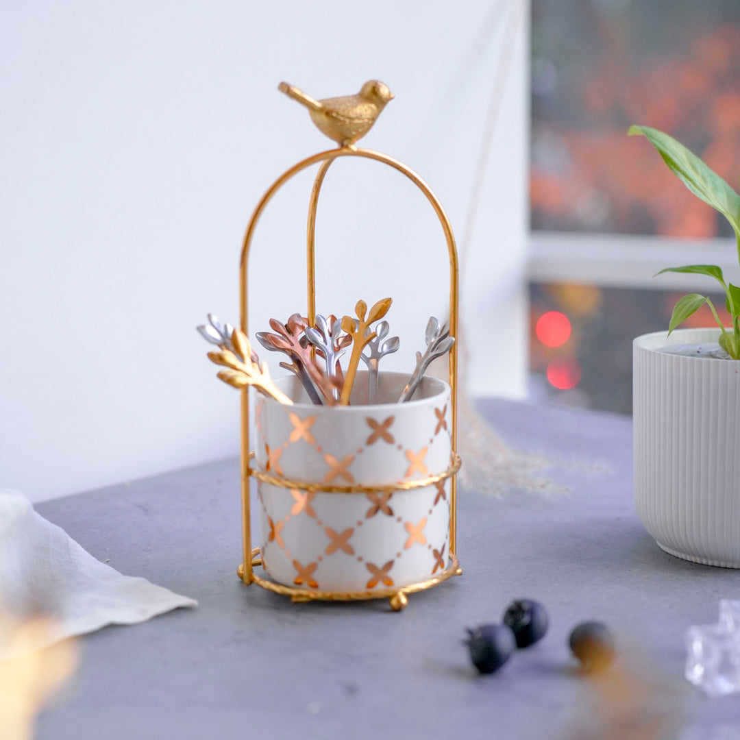 Cutlery Stand - White & Gold