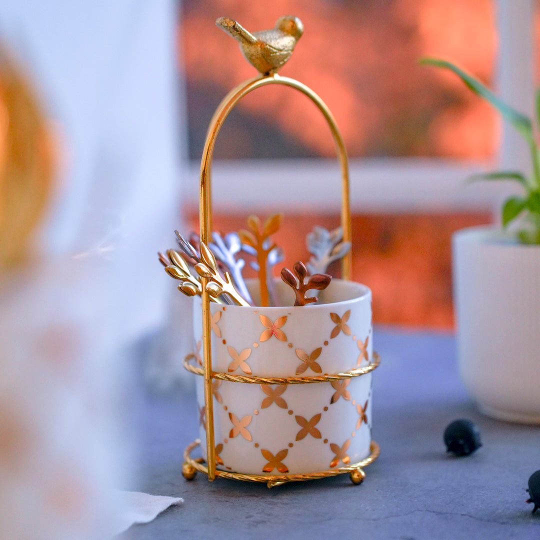 Cutlery Stand - White & Gold