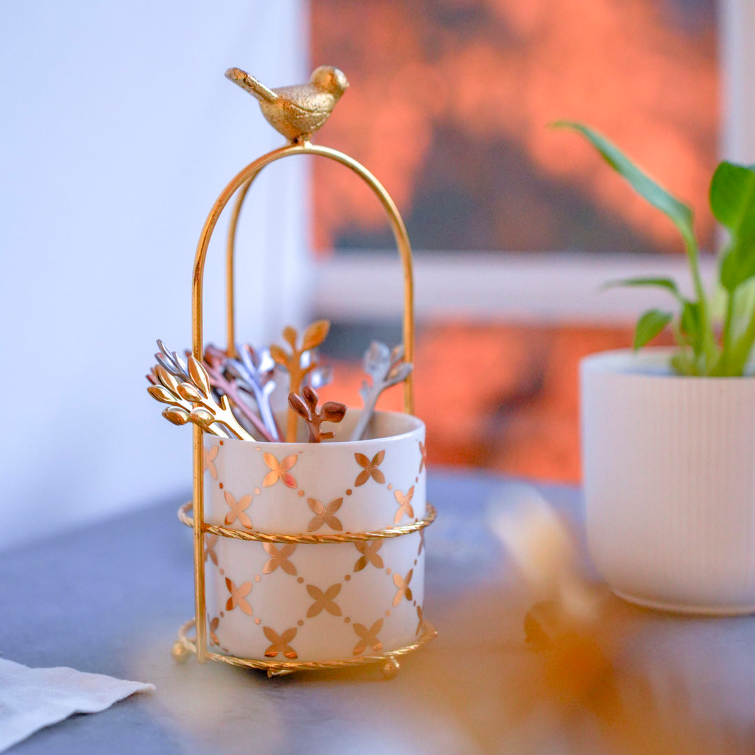 Cutlery Stand - White & Gold