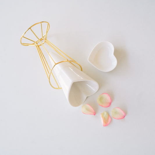 Heart Snack Cone with Gold Stand & Dip Bowl | Luxury Porcelain Serveware