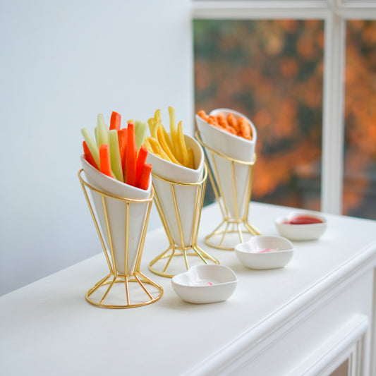 Heart Snack Cone with Gold Stand & Dip Bowl | Luxury Porcelain Serveware