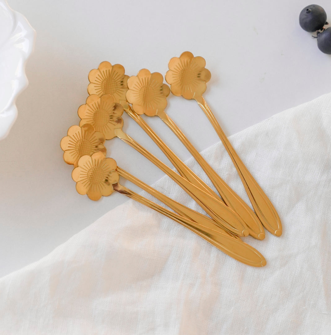 Gold Dessert & Tea Spoons |Set of 6 & 12 |Chrysanthemum Flower