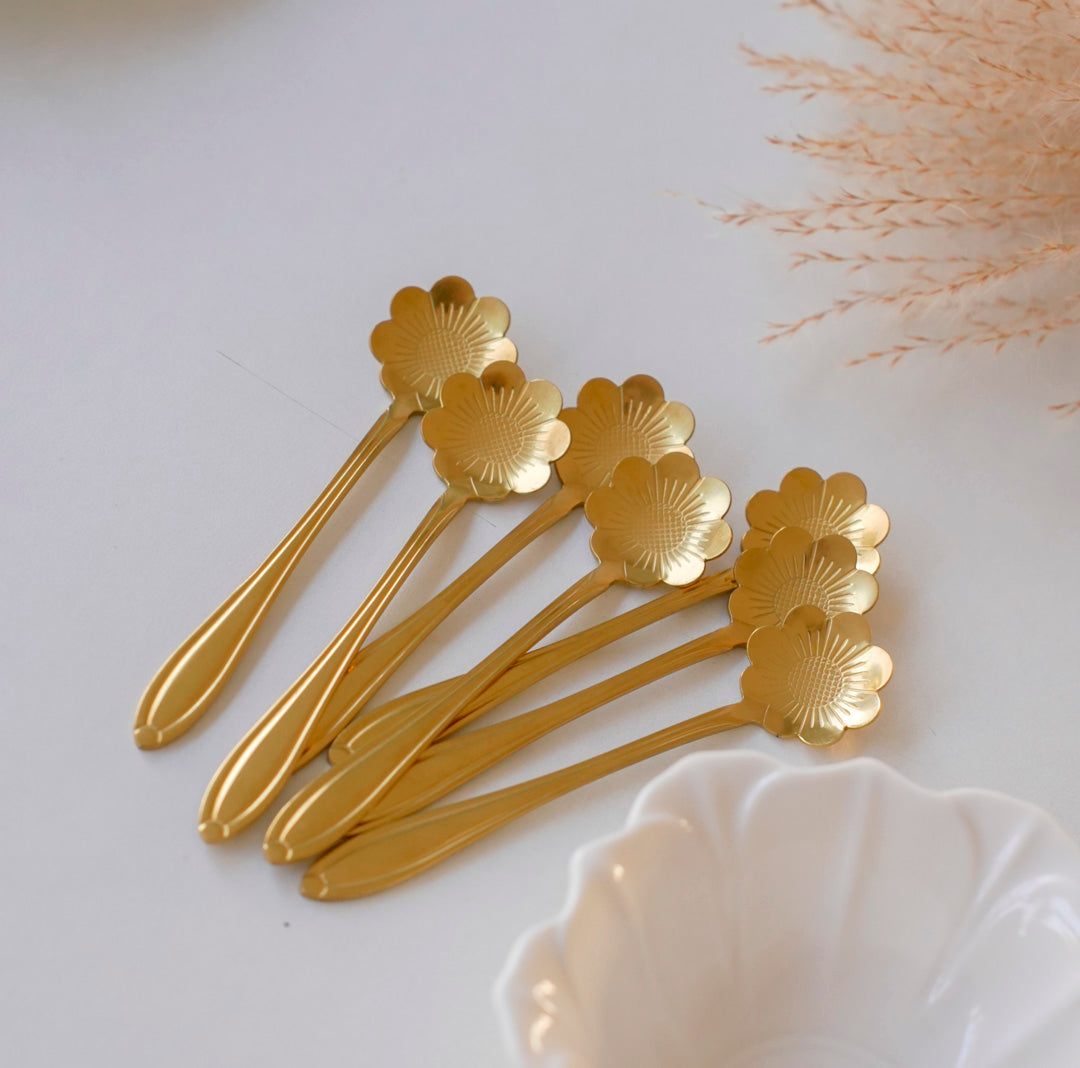 Gold Dessert & Tea Spoons |Set of 6 & 12 |Chrysanthemum Flower