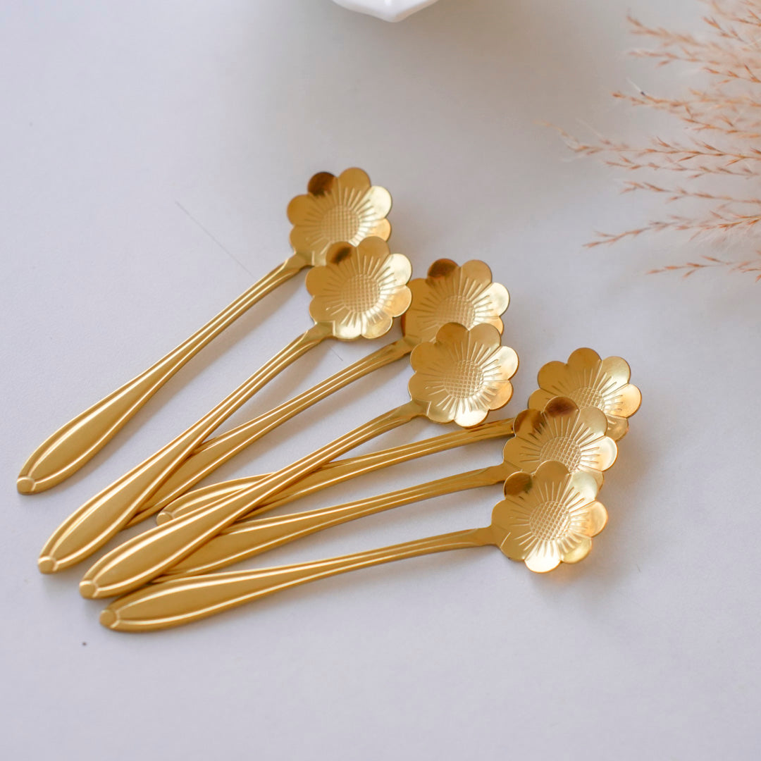 Gold Dessert & Tea Spoons |Set of 6 & 12 |Chrysanthemum Flower