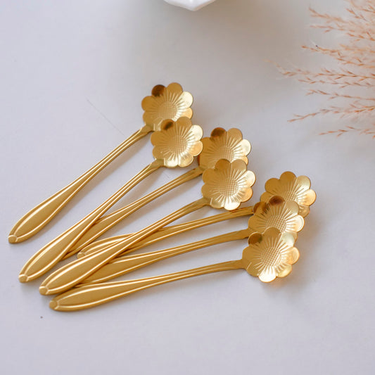 Gold Dessert & Tea Spoons |Set of 6 |Chrysanthemum Flower