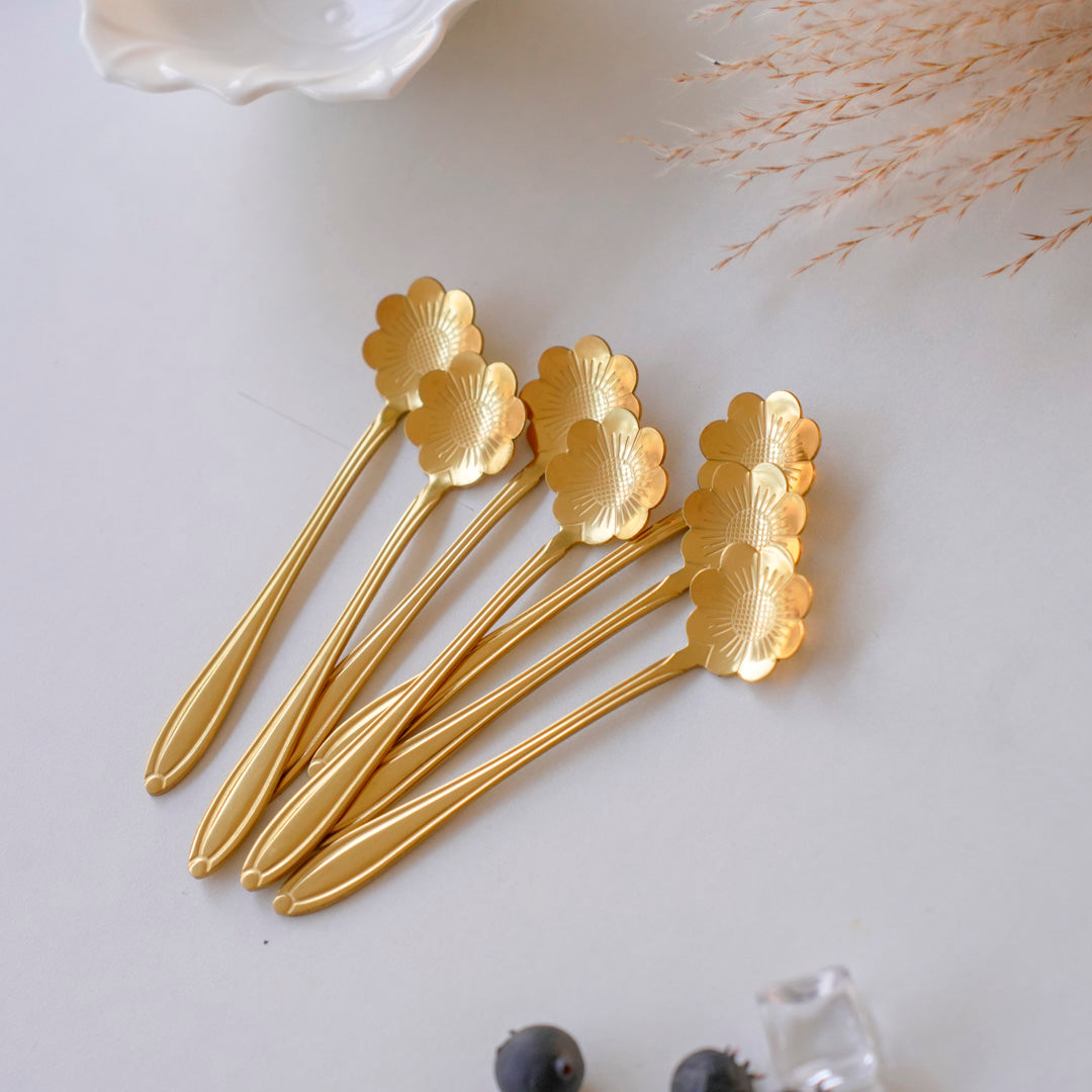 Gold Dessert & Tea Spoons |Set of 6 & 12 |Chrysanthemum Flower