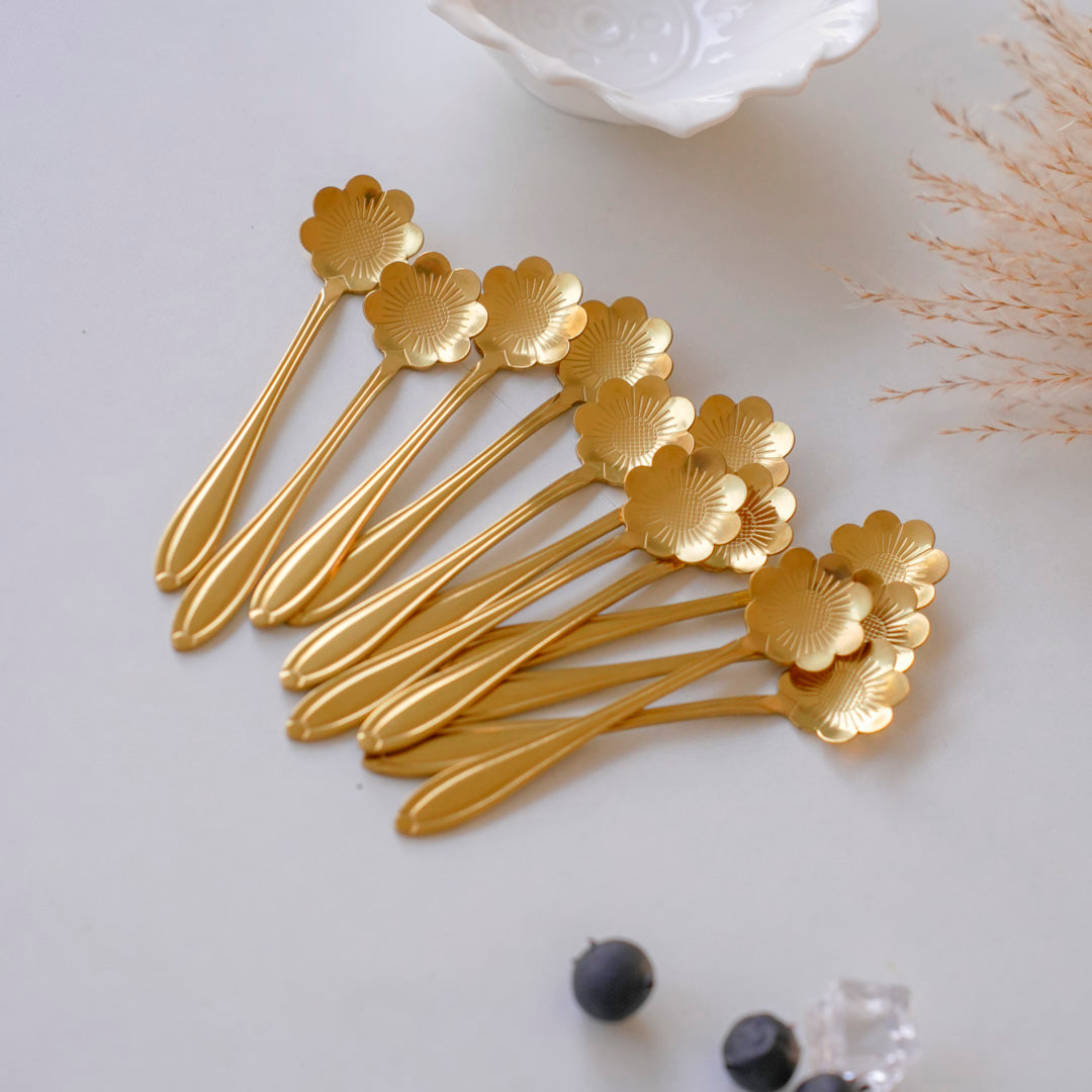 Gold Dessert & Tea Spoons |Set of 6 & 12 |Chrysanthemum Flower
