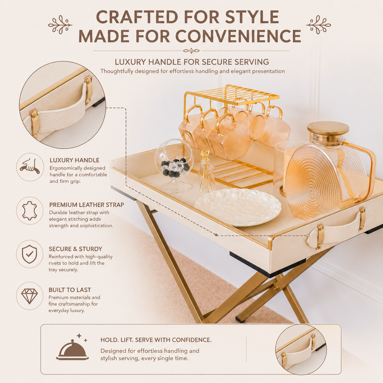 Stylish foldable serving tray table for living room, bedroom and home décor
