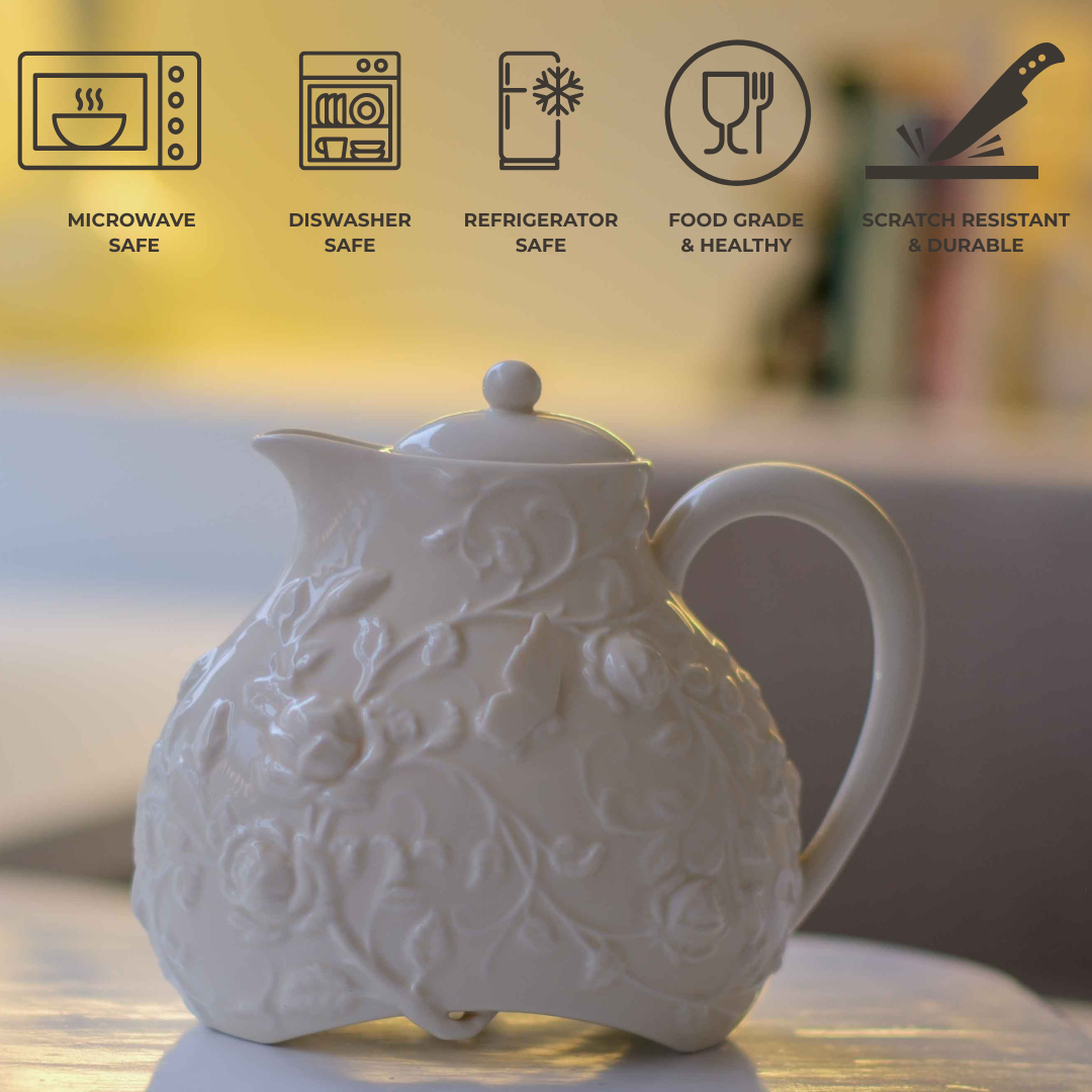 Embossed ceramic serving Tea pot with vintage floral detailing for modern dining tables