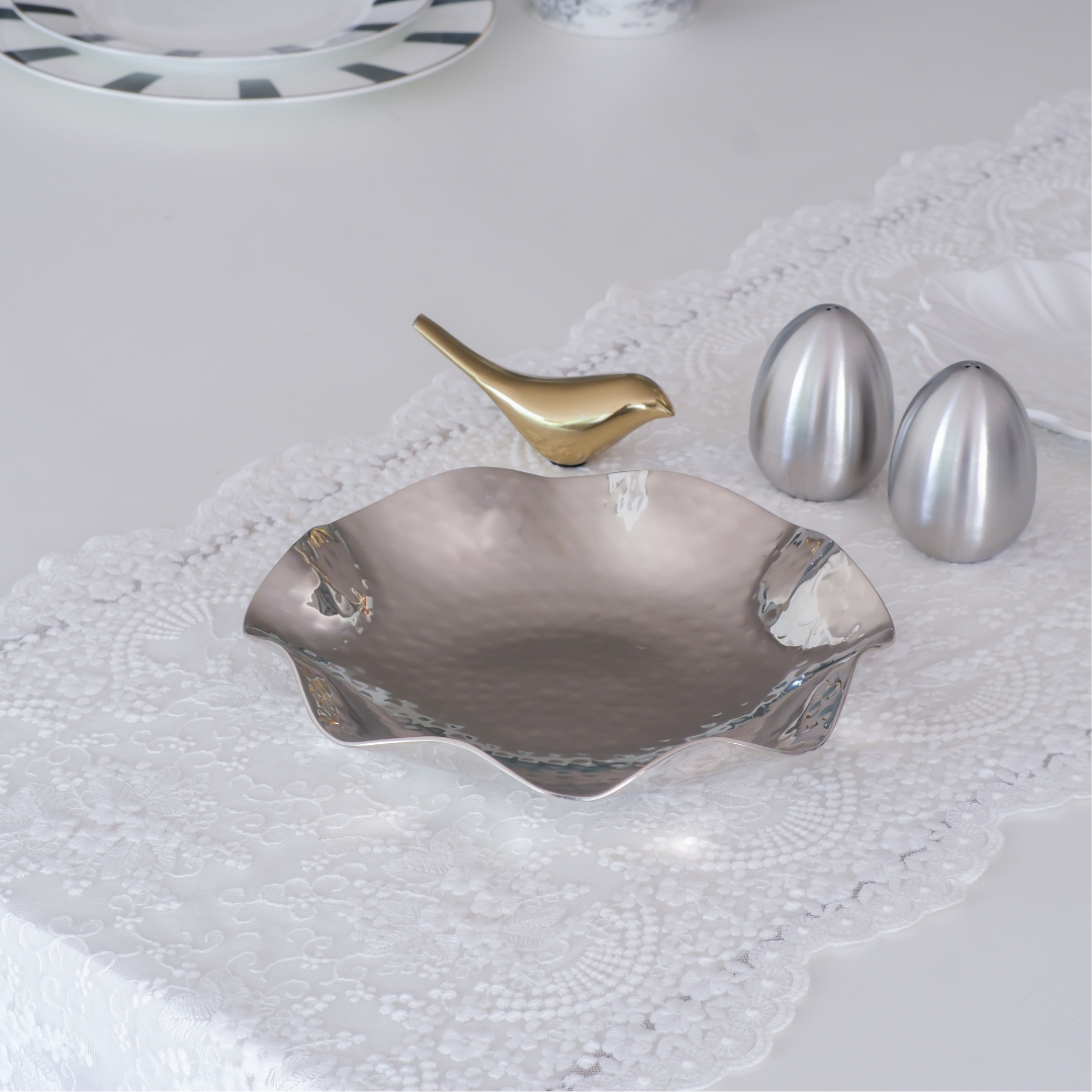 Luxury silver snack serving trays for modern dining tables.