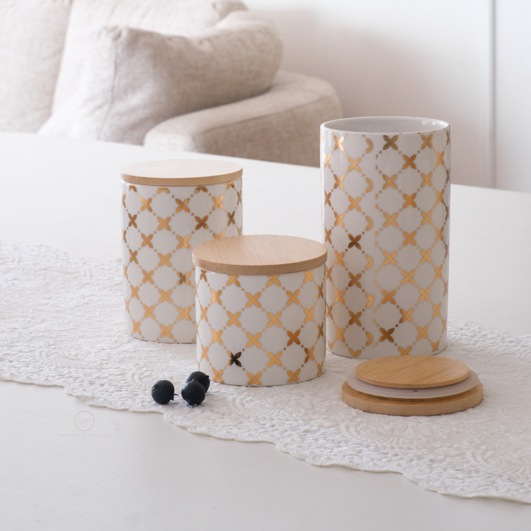Premium white ceramic pantry jars with gold pattern