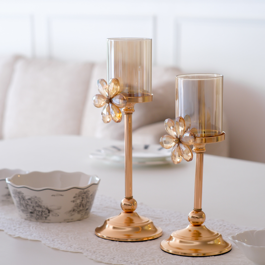 Luxury crystal flower candle holder set with gold metal base