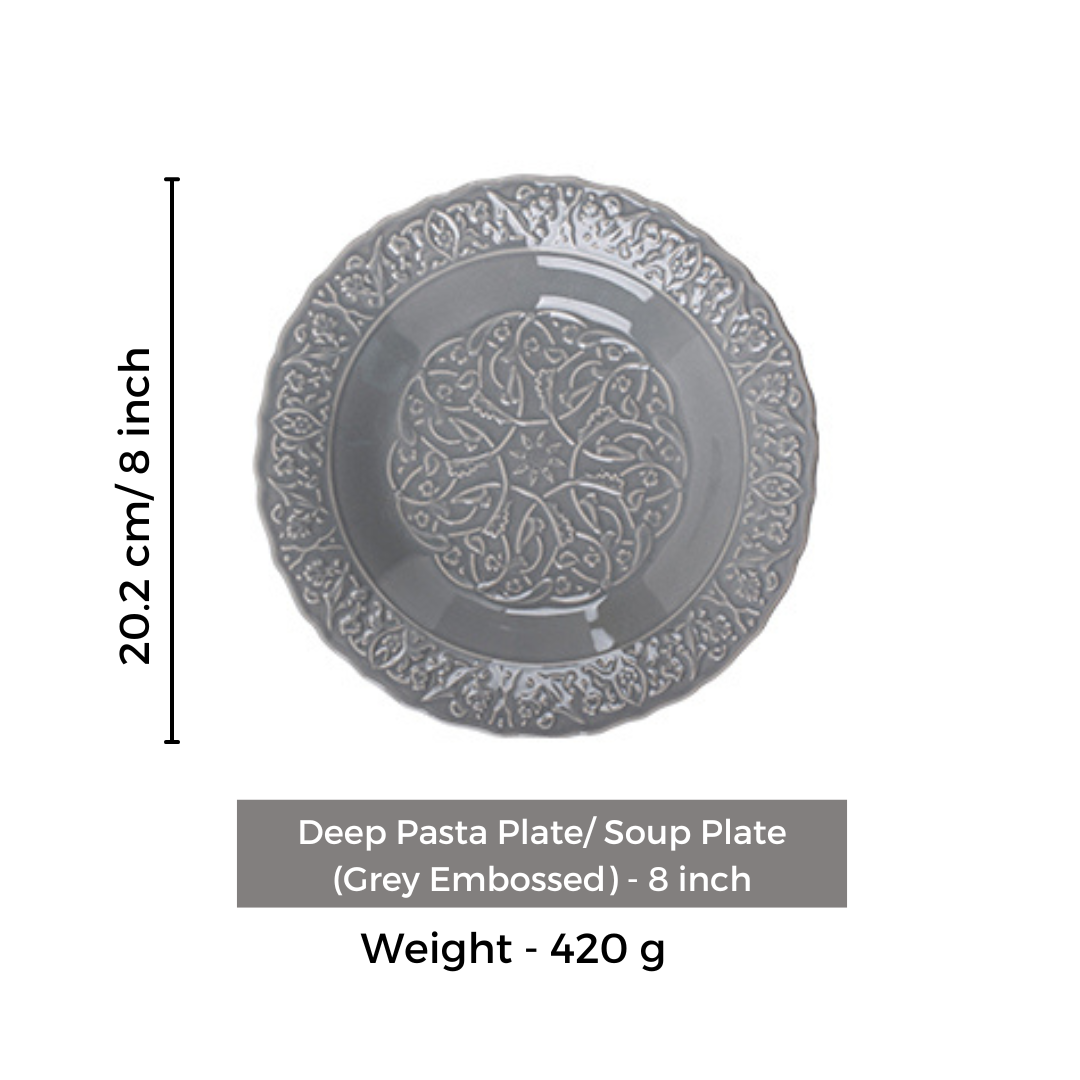 Deep Pasta & Soup Plate- Grey - 8 Inch - European Embossed Ceramic Series