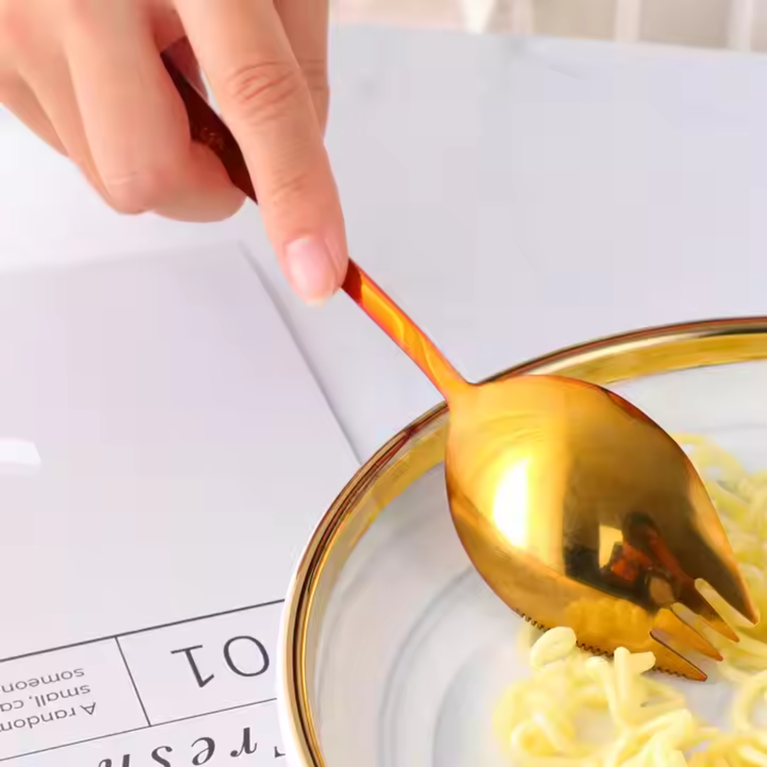 Designer gold dessert cutlery crafted from premium stainless steel for luxury dining experiences.