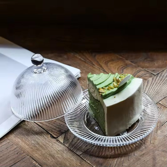 Glass Dessert Plate with Cloche Dome | Ribbed design