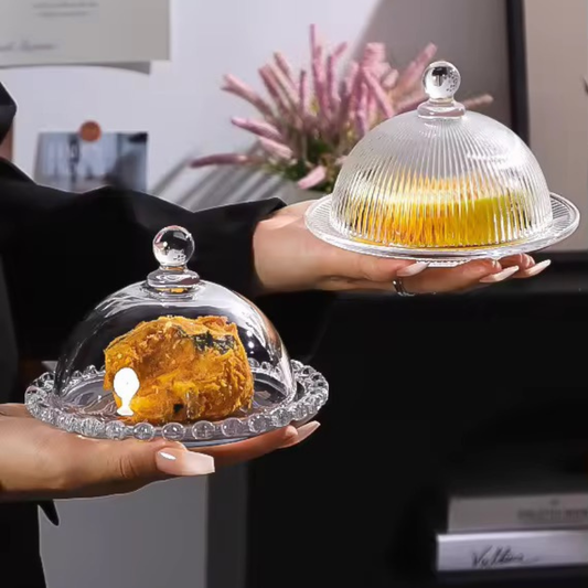 Glass Dessert Plate with Cloche | Ribbed design