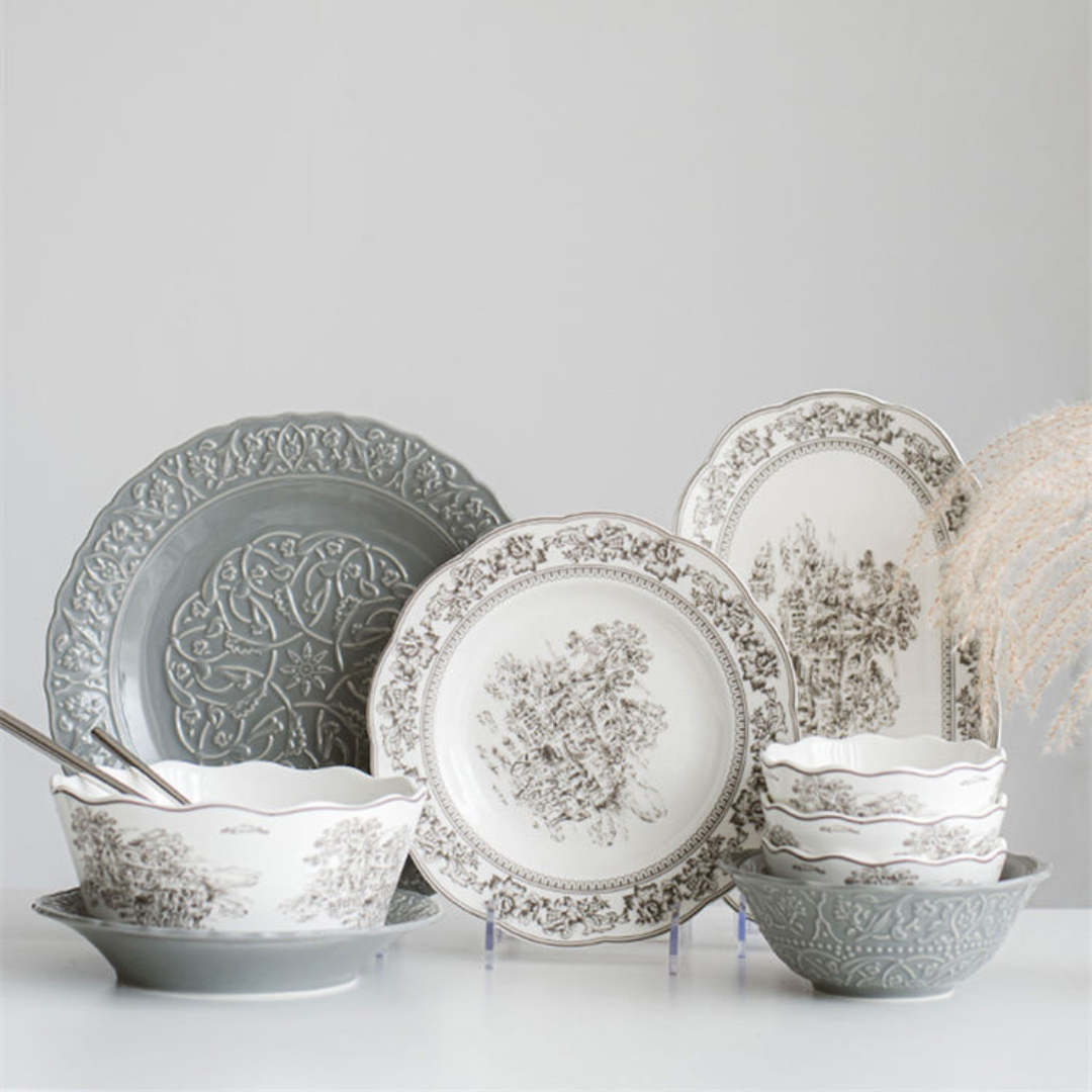 Luxury ceramic dinner set of 28 pieces with embossed and Victorian design