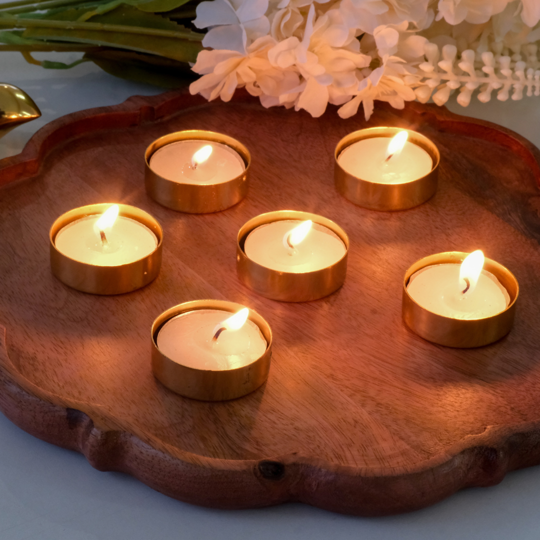 Gold tea light candle holder set for Diwali decoration and rangoli arrangements
