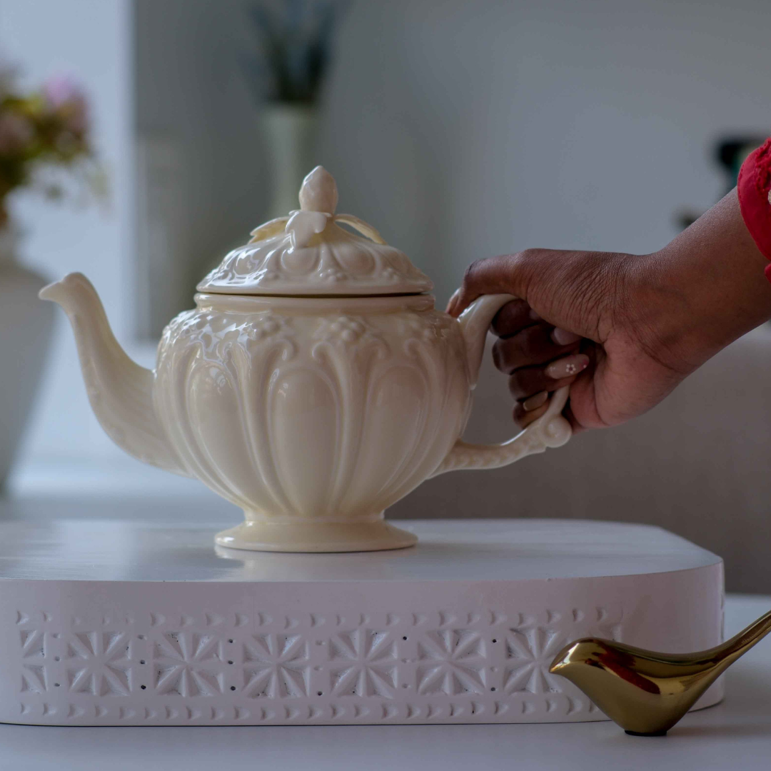 Premium Victorian embossed tea pot in ivory porcelain, ideal for weddings, housewarming, and festive gifts.
