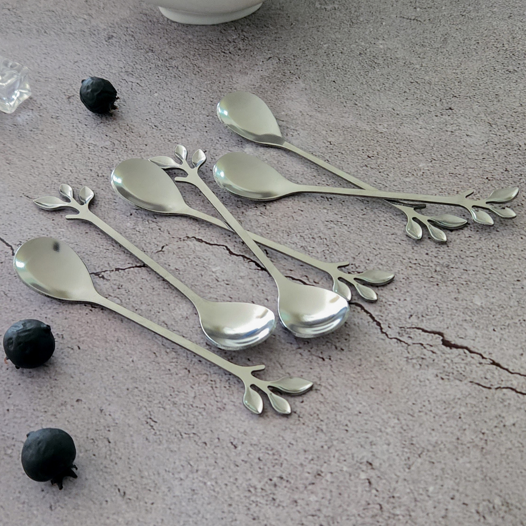Elegant silver leaf tea spoons crafted from food-grade stainless steel for coffee, desserts and espresso.