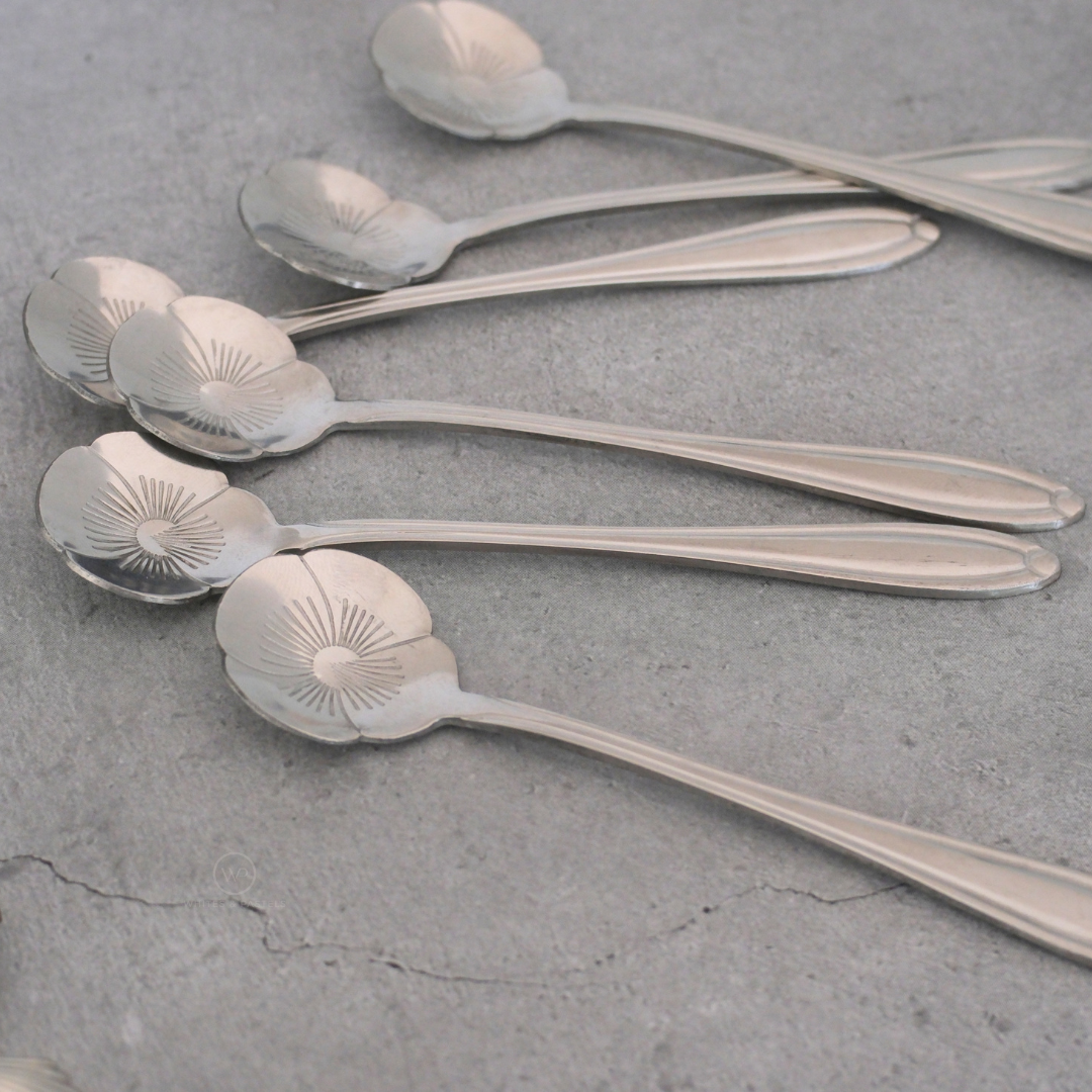 Premium silver daisy spoon set available in sets of 6 and 12 for luxury dining