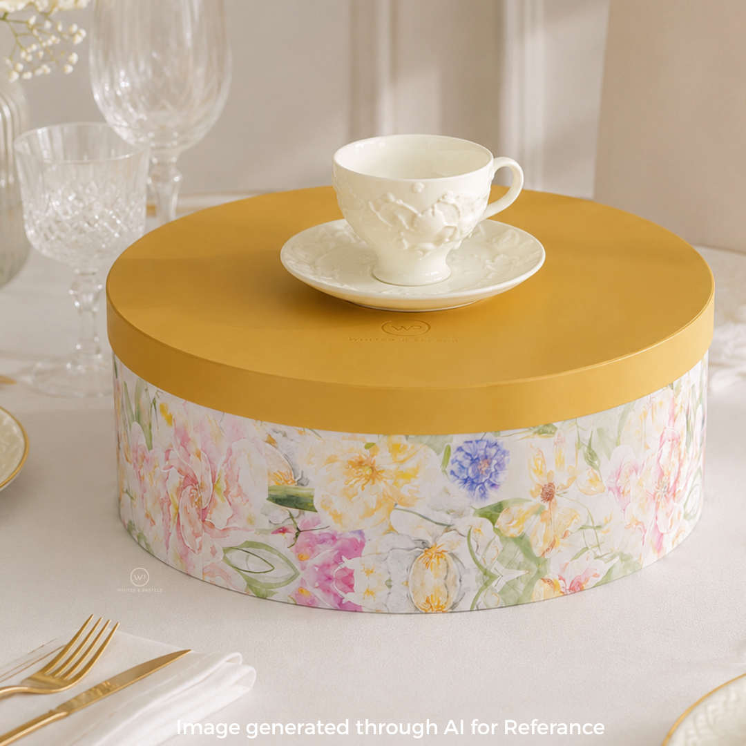 Round floral-patterned gift box with a white teacup and saucer on top, set against a neutral background.