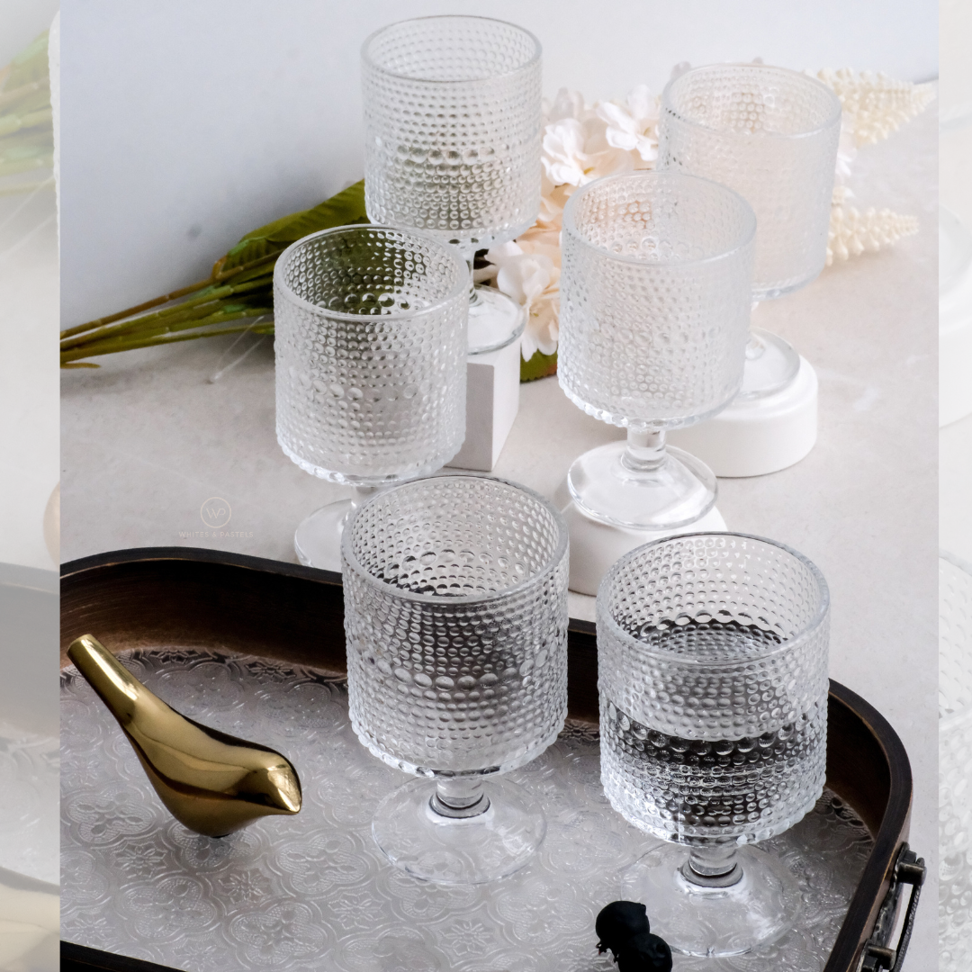 Luxury stemmed drinking glasses with embossed glass finish