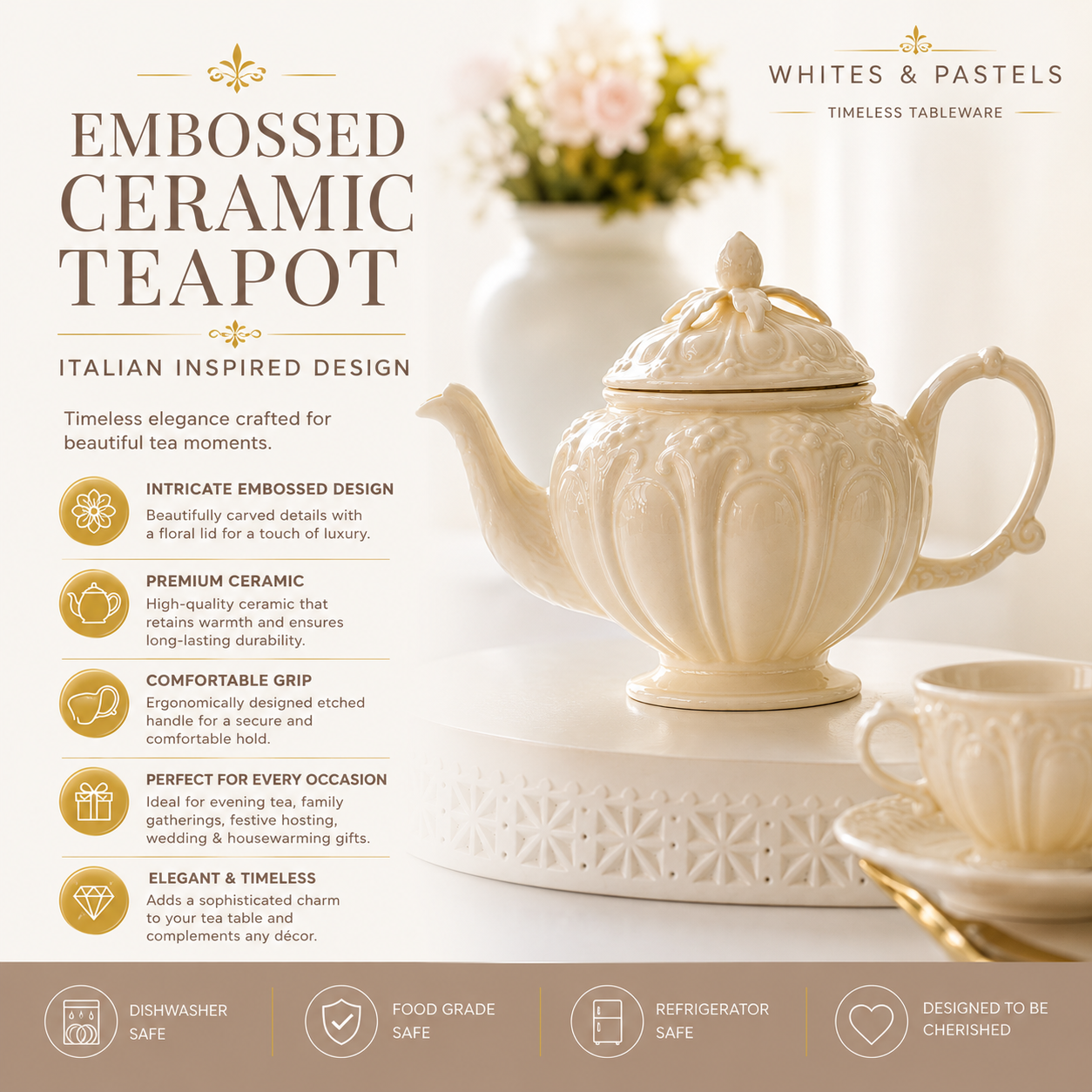 Premium embossed ivory tea pot with matching lid designed for sophisticated tea serving and entertaining.