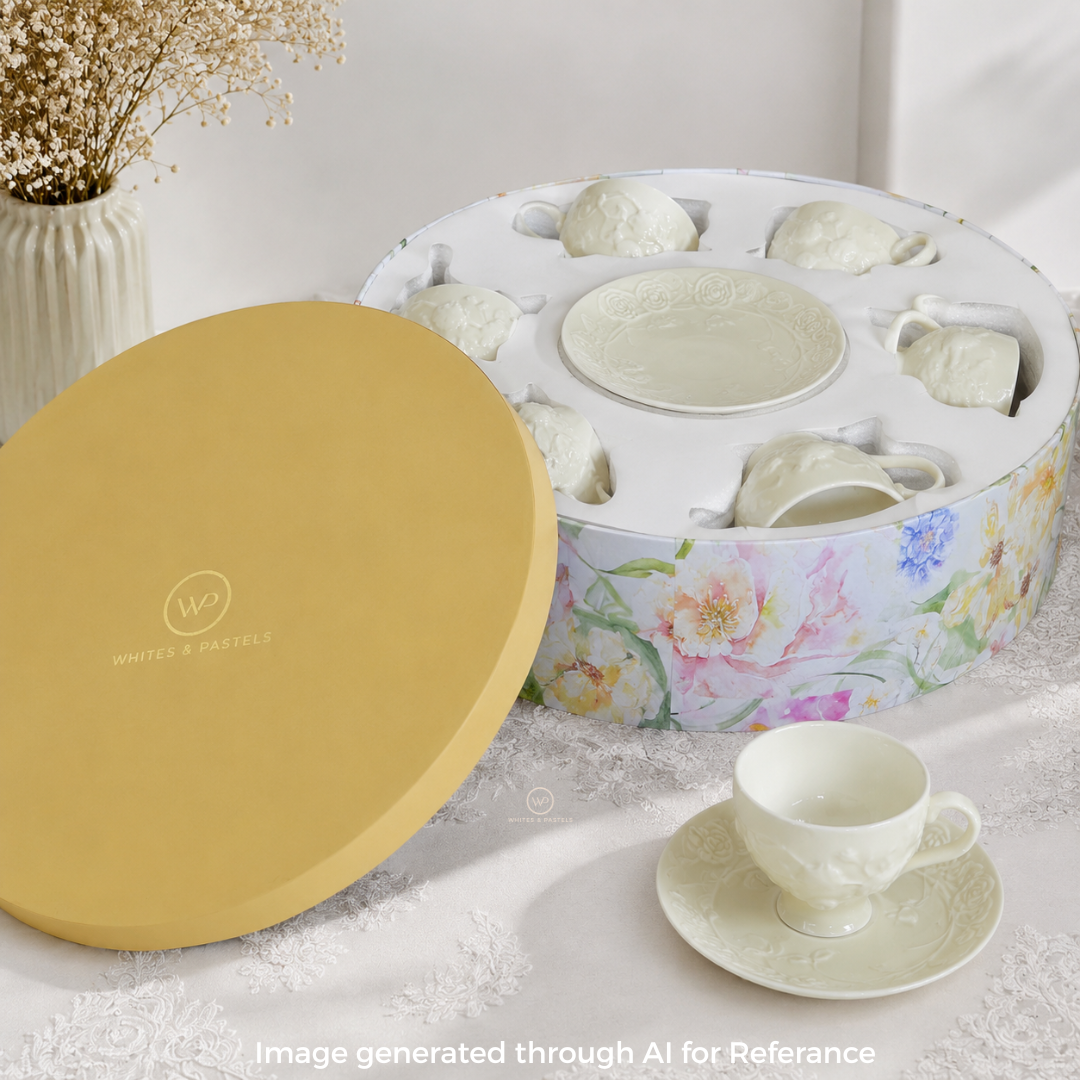 Luxury embossed white ceramic tea cup and saucer set of 6